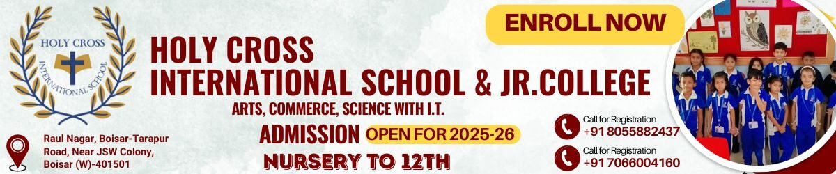 Original Holy Cross school banner with crest, Arts Commerce Science with IT, and registration contacts; admission year 2025–26 archive